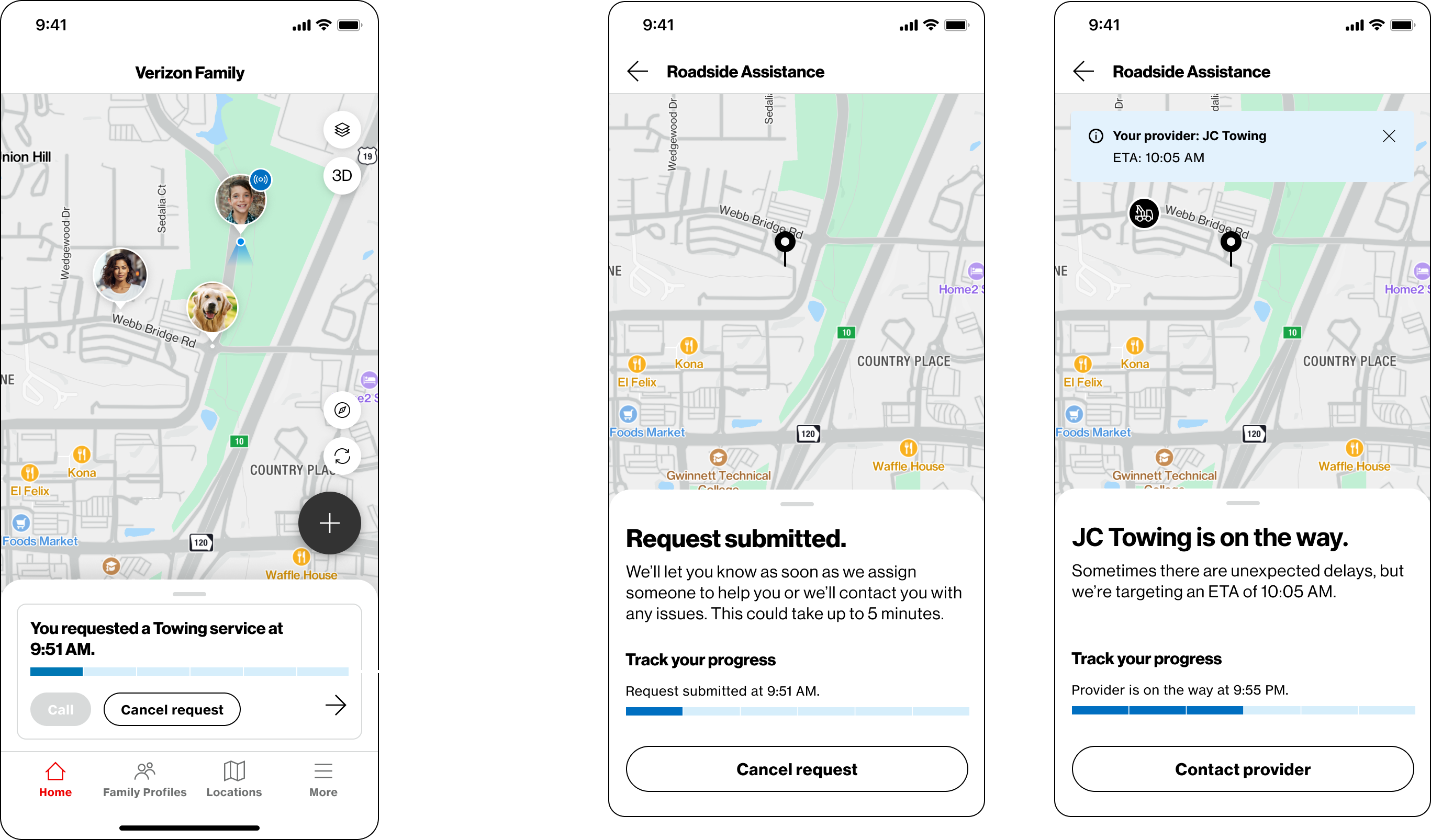 Three screens. The first is the Verizon Family home map, with family members' photos pinned and a card at the foot reading “You requested a Towing service at 9:51 AM.” above a segmented progress bar, a greyed-out Call button and a Cancel request button. An arrow labelled “Open RSA” leads to the second and third. “Request submitted.” says someone will be assigned or the user contacted within five minutes, with its progress bar at the first segment and a Cancel request button. “JC Towing is on the way.” warns of possible delays while targeting an ETA of 10:05 AM, with the bar at the second segment, a tow truck marker added to the map, and a Contact provider button.